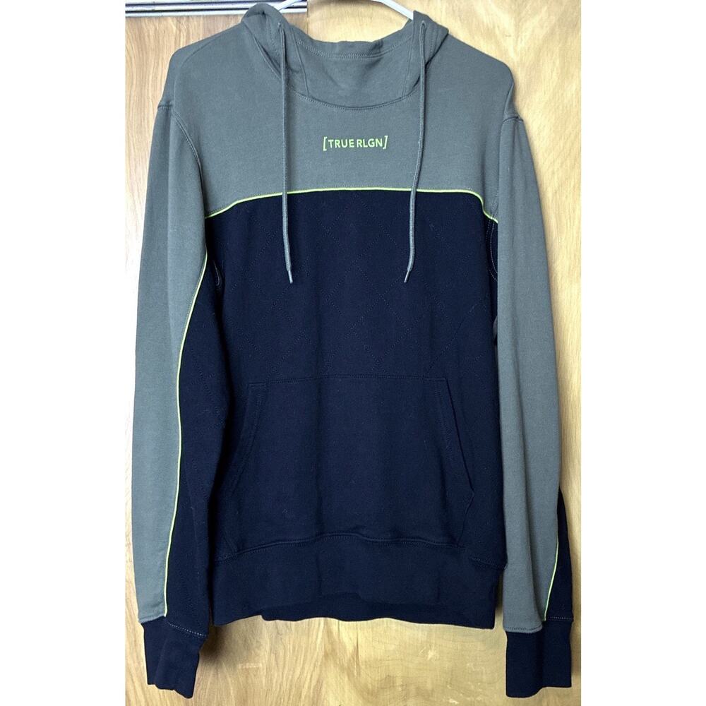 True Religion Hoodie Sz M Gray Navy Blue Pullover Fleece Logo Kangaroo Pocket